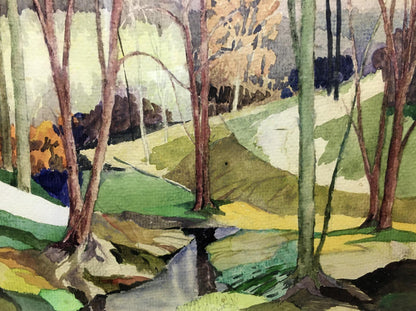 Watercolor artwork showcasing a peaceful forest stream by V. Olisevich