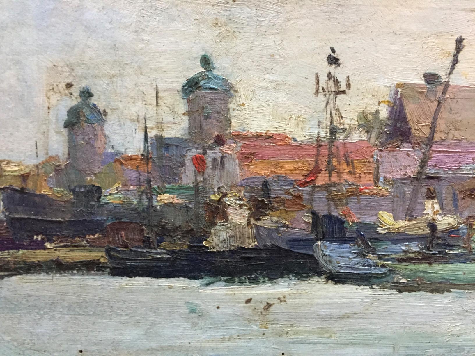 Stolyarenko's "Ship Port" oil painting, capturing bustling harbor activity.