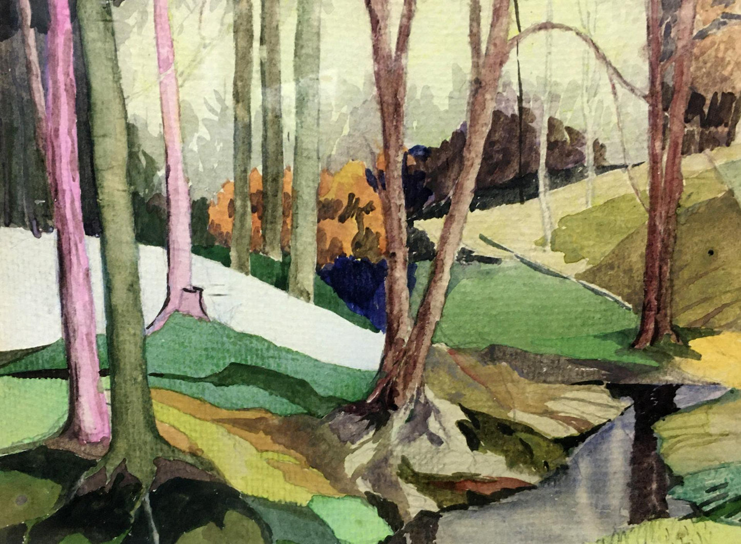 The beauty of a forest stream is captured in V. Olisevich's watercolor painting