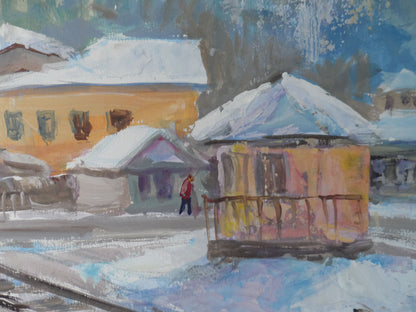 Acrylic painting Winter village 