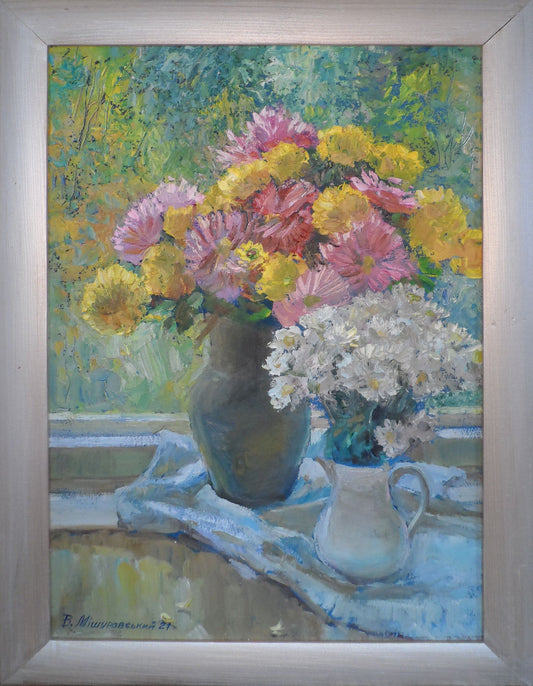 Oil painting Chrysanthemums on the window Mishurovsky V. V.