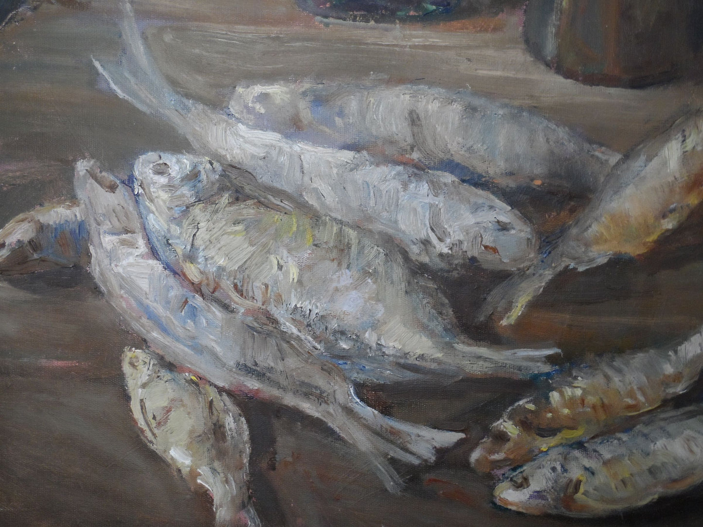 Oil canvas portraying the allure of old-fashioned fishing, courtesy of Mishurovsky V. V.