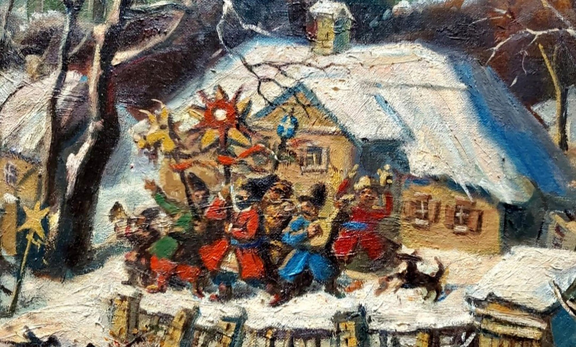 Oil painting "Carols in Ukrainian Village" by Litvinov, celebrating cultural festivities.