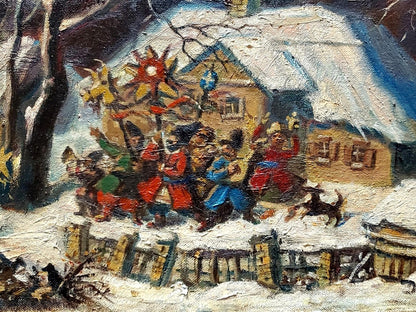 Oil painting "Carols in Ukrainian Village" by Litvinov, evoking festive Ukrainian culture.