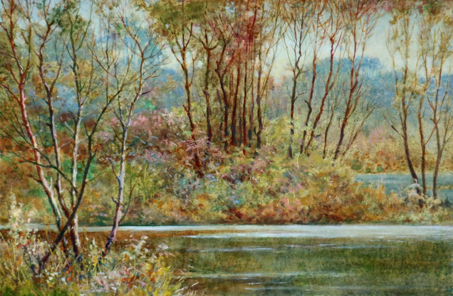 Oil painting Spring blooming forest with river Anatolii Duhnevich