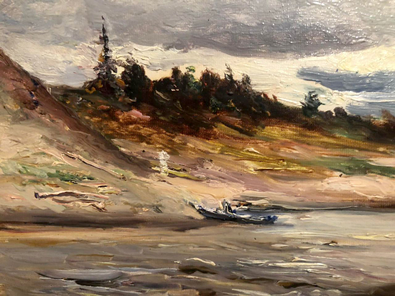 Oil painting There's a boat on the shore Unknown artist