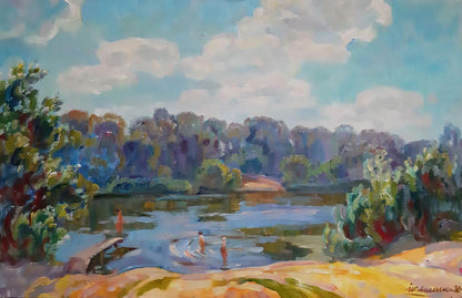 Oil painting Summer beach by the river Ivan Kovalenko