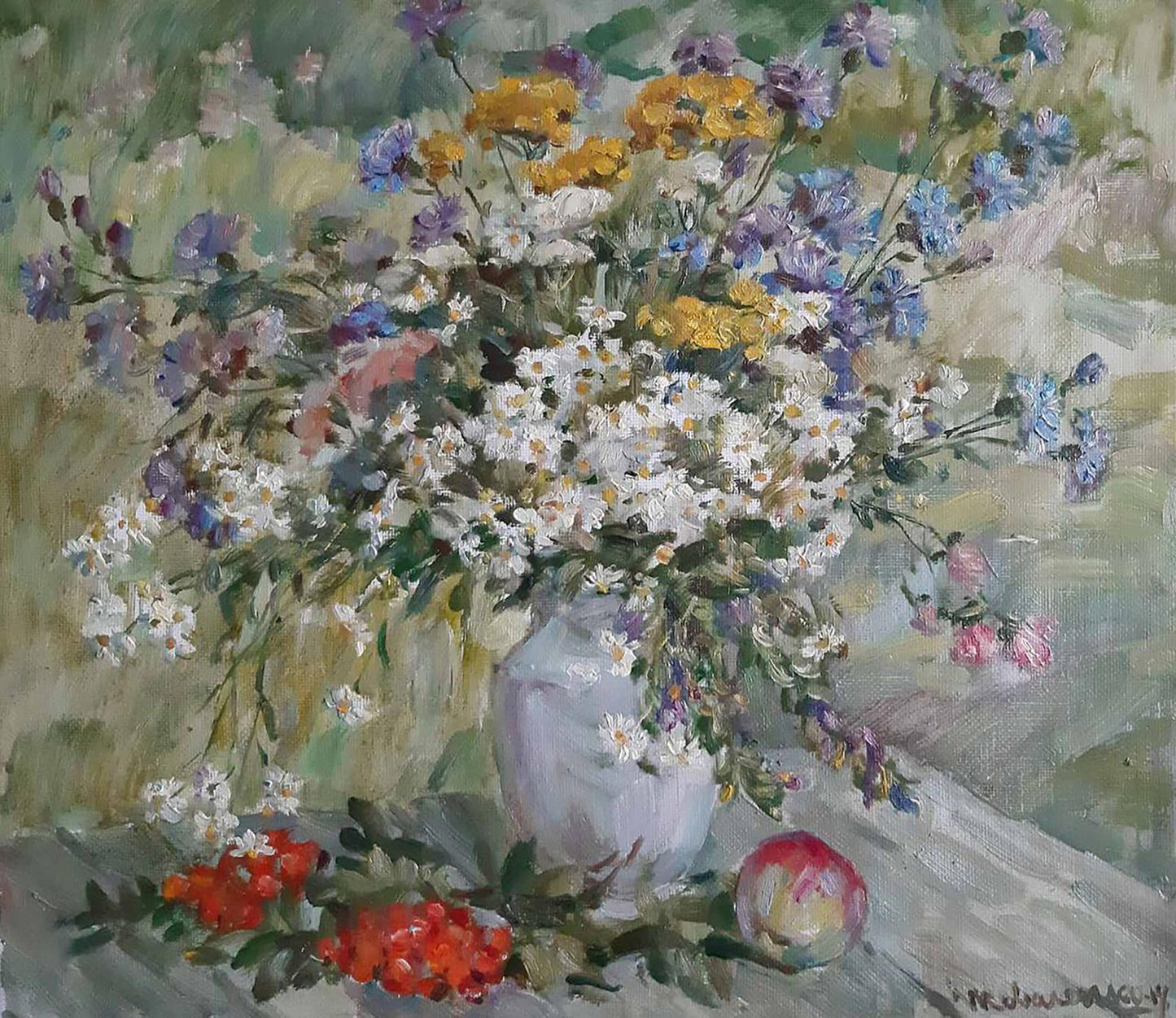 Oil painting Wildflowers and apple Ivan Kovalenko