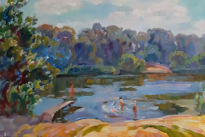 Oil painting Summer beach by the river Ivan Kovalenko