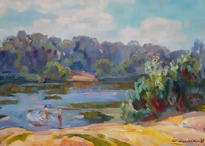 Oil painting Summer beach by the river Ivan Kovalenko