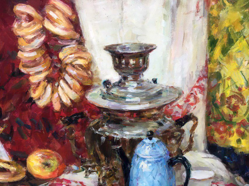 Still life on red oil painting