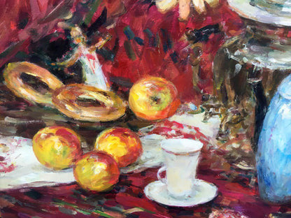 Still life on red oil painting