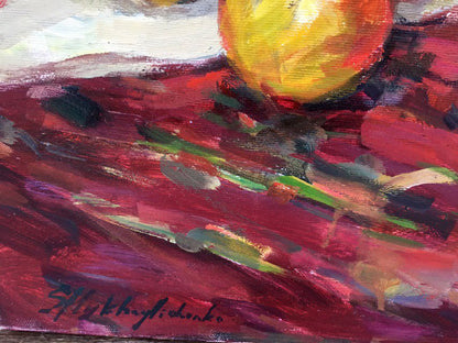 Still life on red oil painting