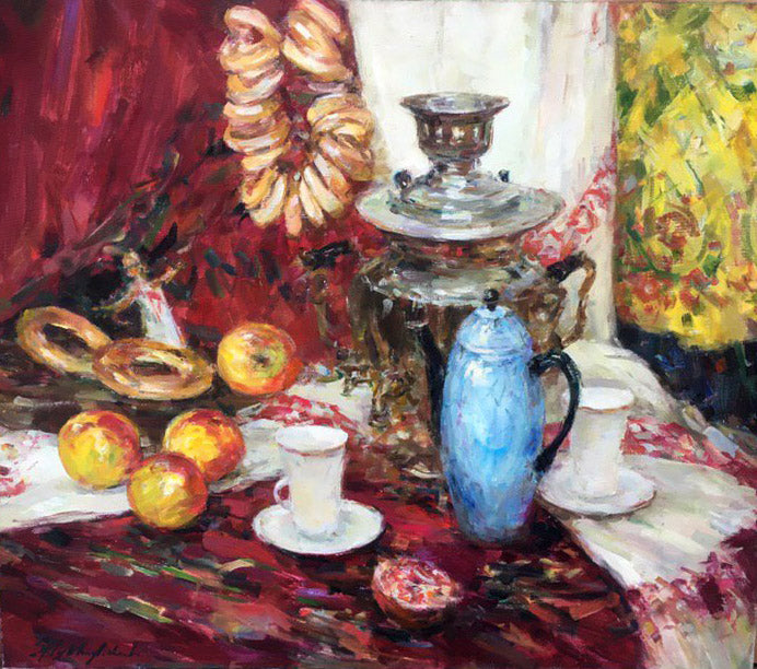 Still life on red oil painting