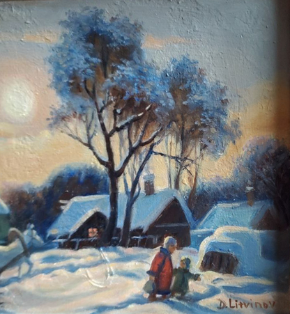 Oil painting Winter sunset in the village Daniil Litvinov