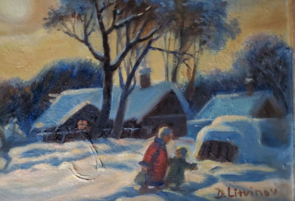 Oil painting Winter sunset in the village Daniil Litvinov