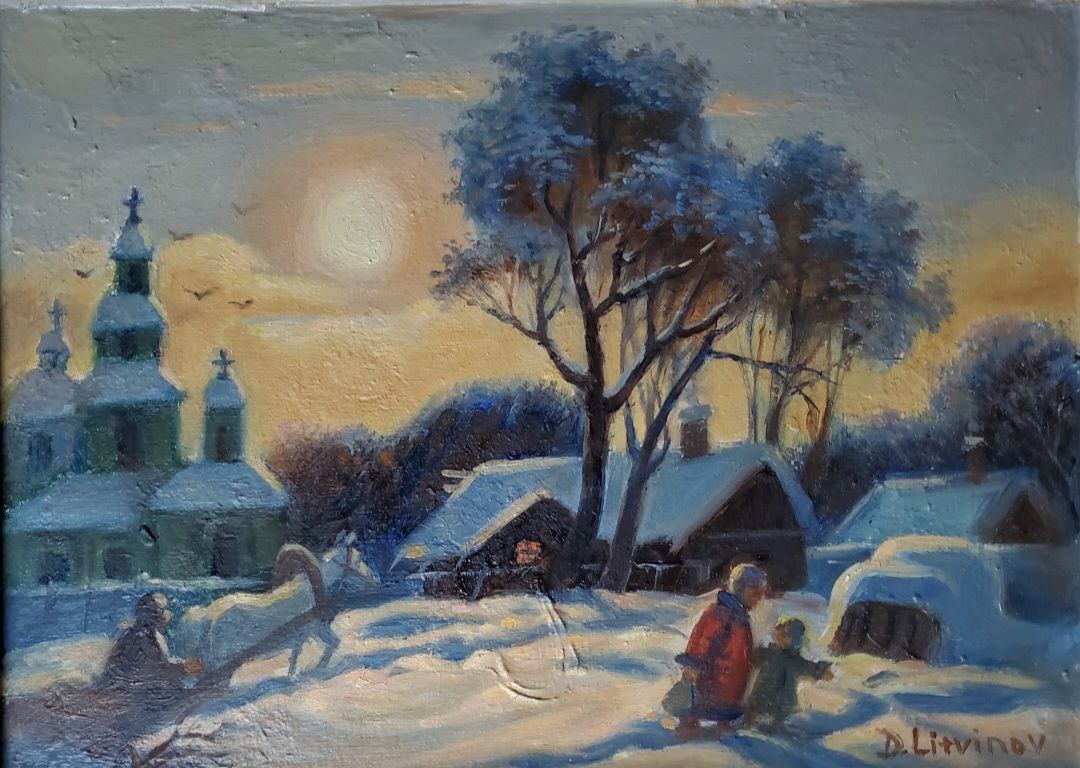 Oil painting Winter sunset in the village Daniil Litvinov