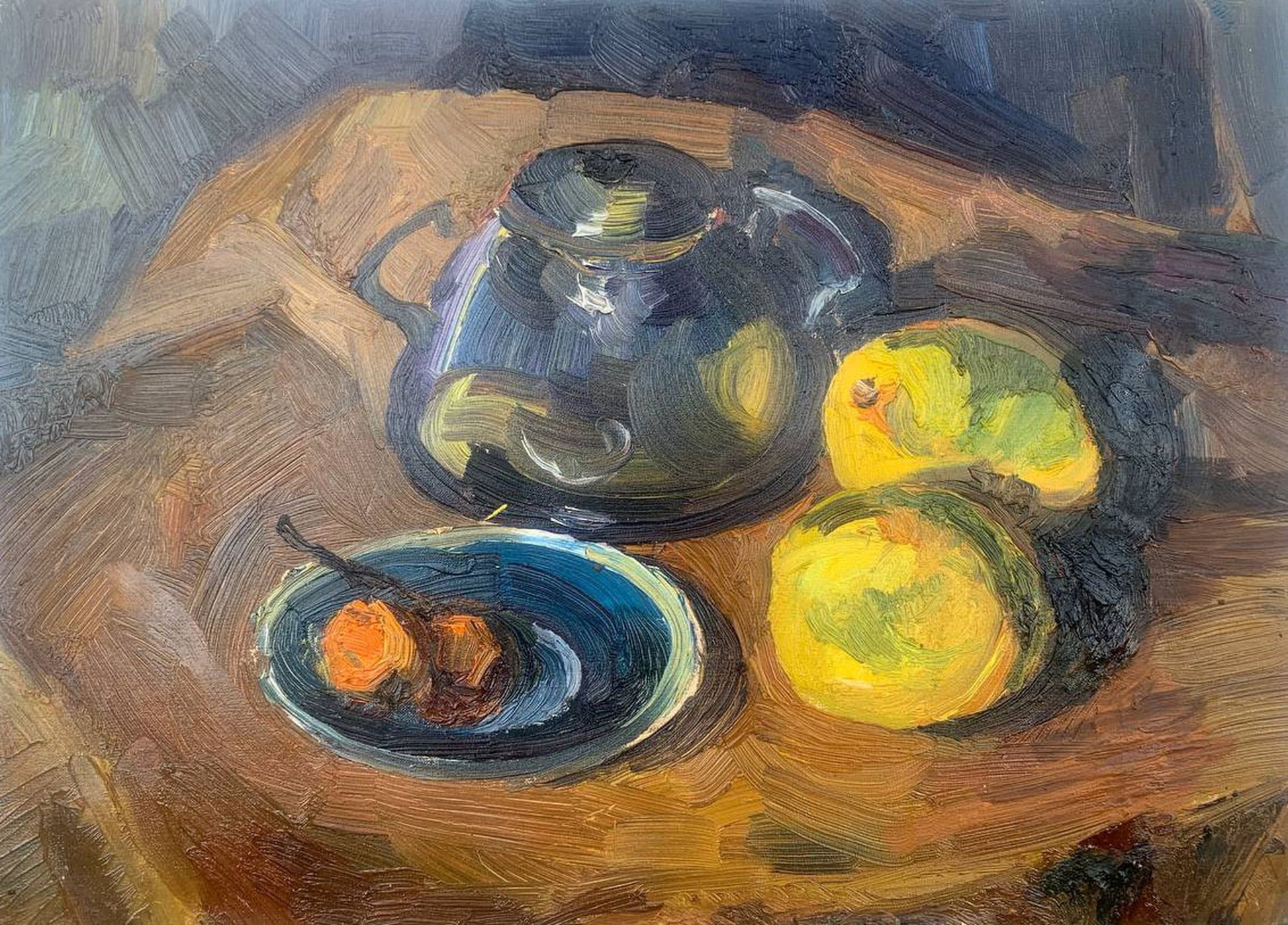 Irina Palashchenko's oil painting depicts a vibrant still life adorned with luscious lemons