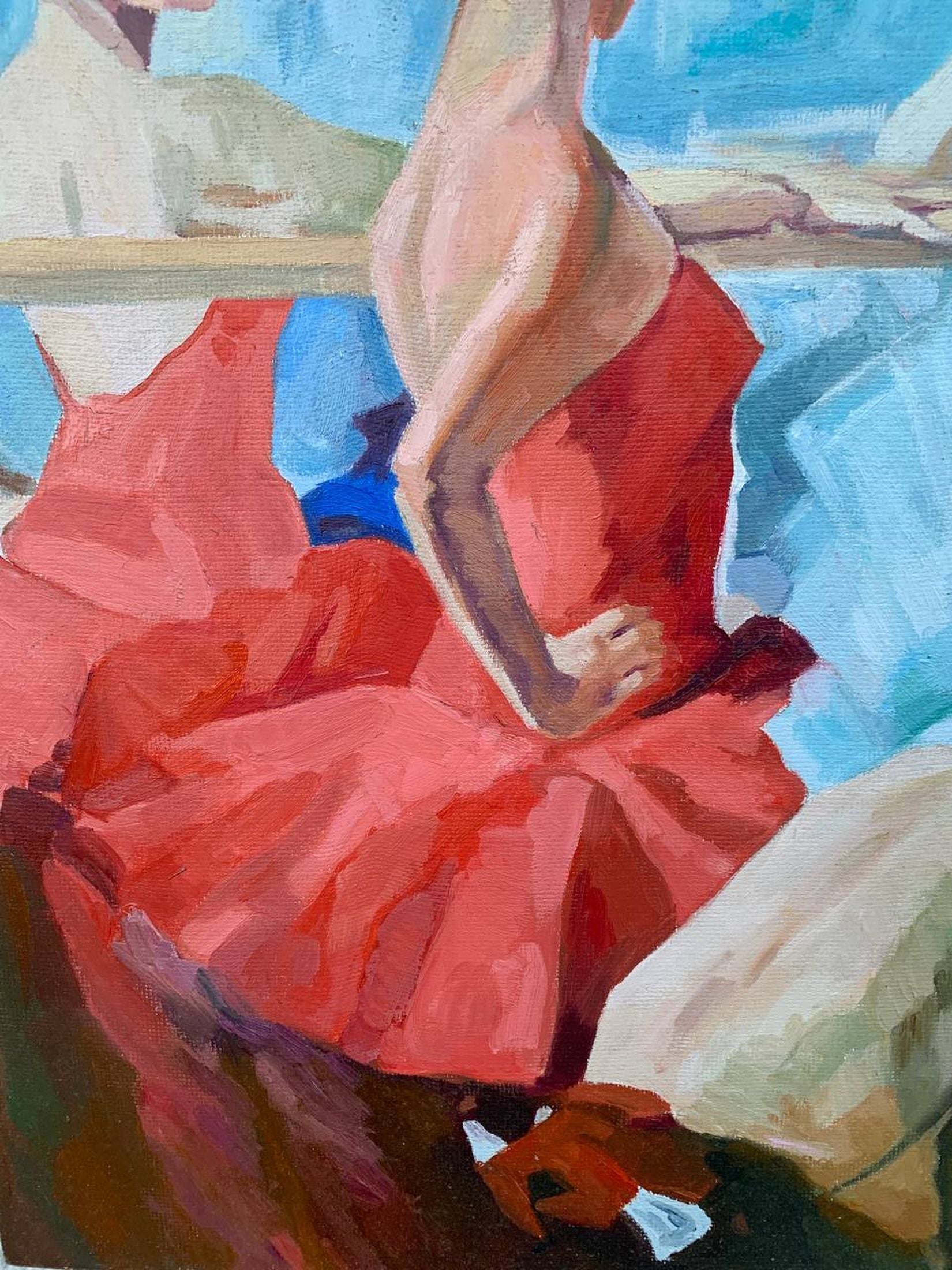 The fluid movements of ballet dancers are captured in L.K.'s oil painting