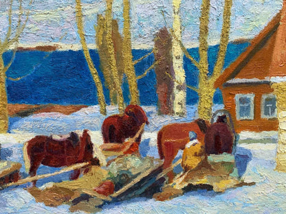 Vladimir Yakovlevich Yukin's oil artwork showcasing the scene "Stop at the Post Office"