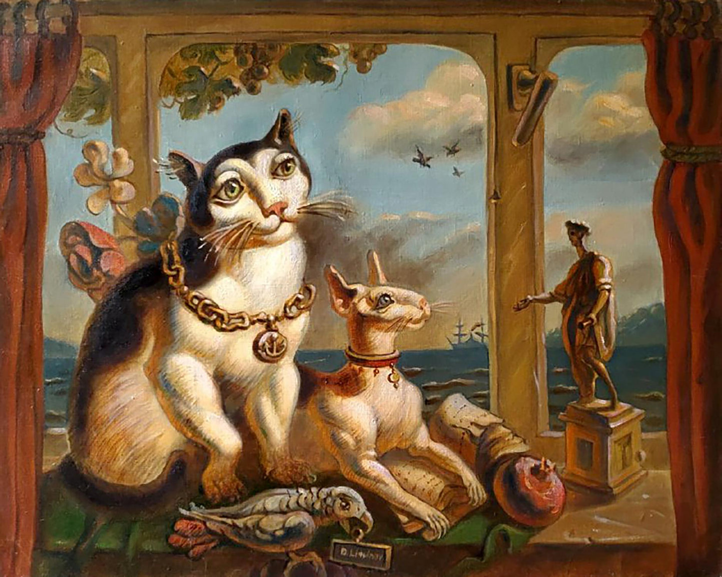 Oil painting Cats and parrot Litvinov Daniil Olegovich