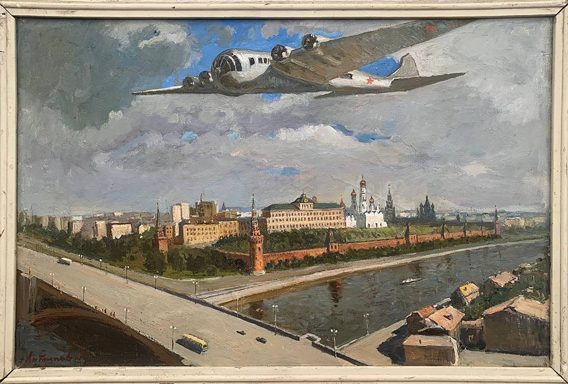 Oil painting Airplane over the city Antipov A.