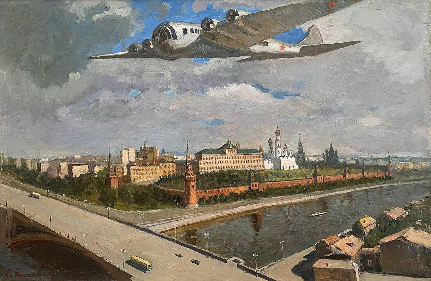 Oil painting Airplane over the city Antipov A.