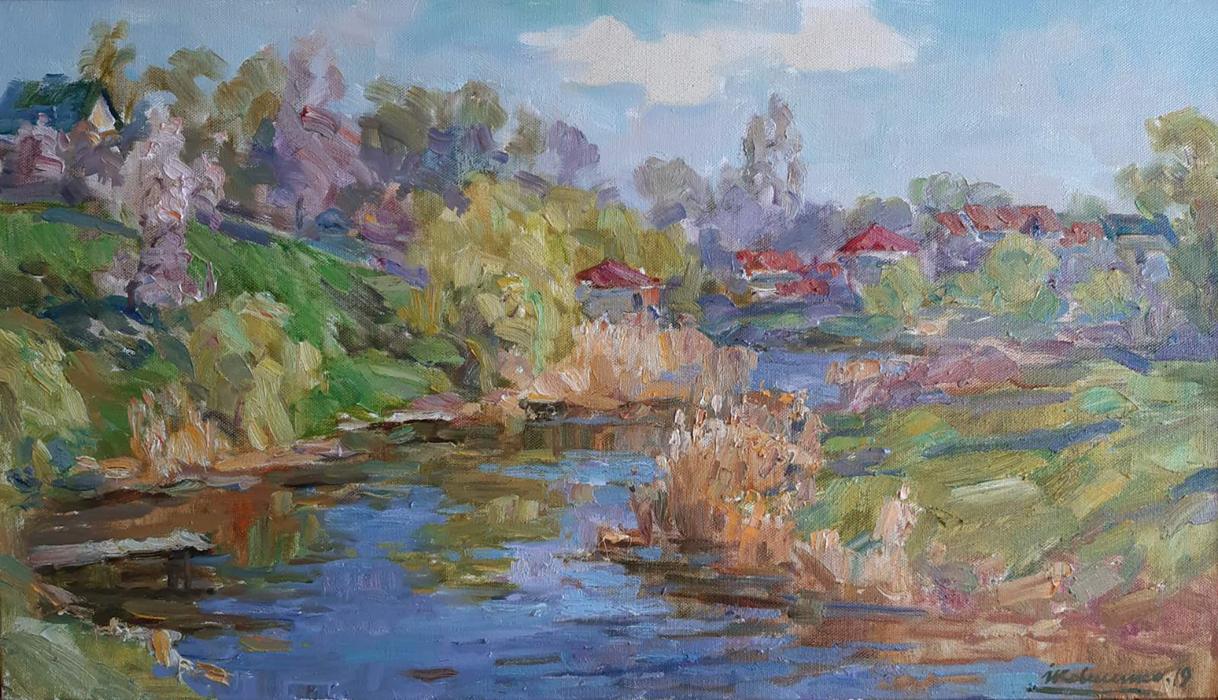 Oil painting The river flows through the city Kovalenko Ivan Mikhailovich