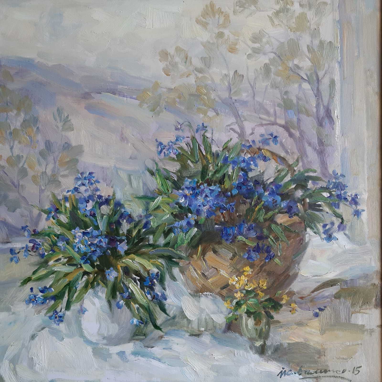 Oil painting Blue flowers in vases Ivan Kovalenko