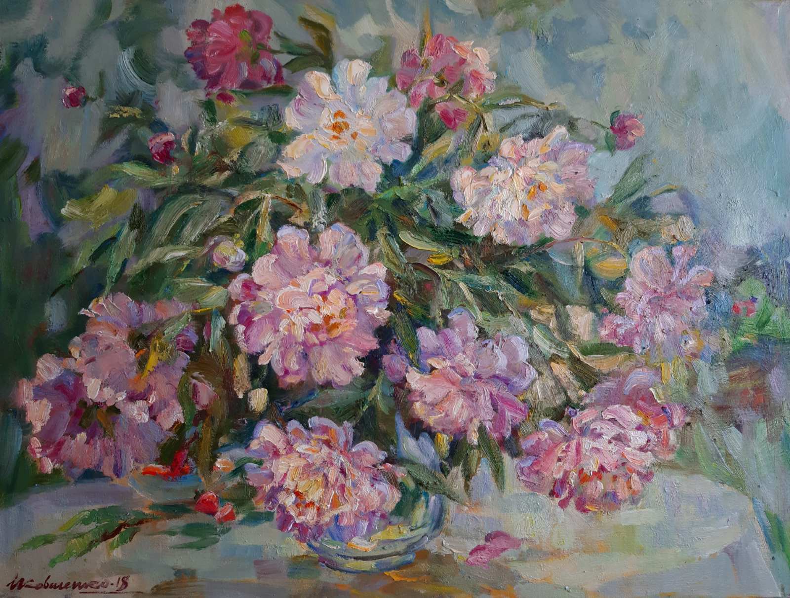 Oil painting Pink flowers in a vase Ivan Kovalenko